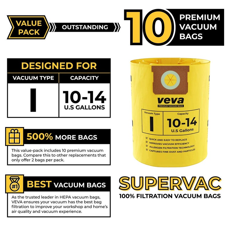VEVA 10 Pack, 10-14 Gallon Filter Bags for Shop Vac Vacuum - Type I 90672 - High-Efficiency Vacuum Bags - Image 2